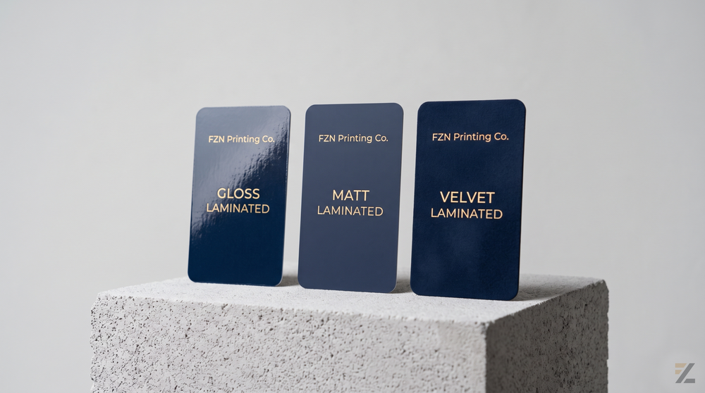 Three FZN Printing Co. cards showcasing gloss, matt, and velvet laminated finishes in navy blue with gold lettering, displayed on a textured stone pedestal.
