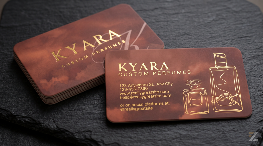 Premium business cards with gold foil stamping and rounded corners on a slate surface.