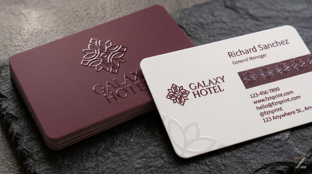 Premium Spot UV visiting cards featuring a burgundy hotel logo and decorative patterns with glossy raised-looking details on burgundy and ivory cards, arranged on a dark textured surface.