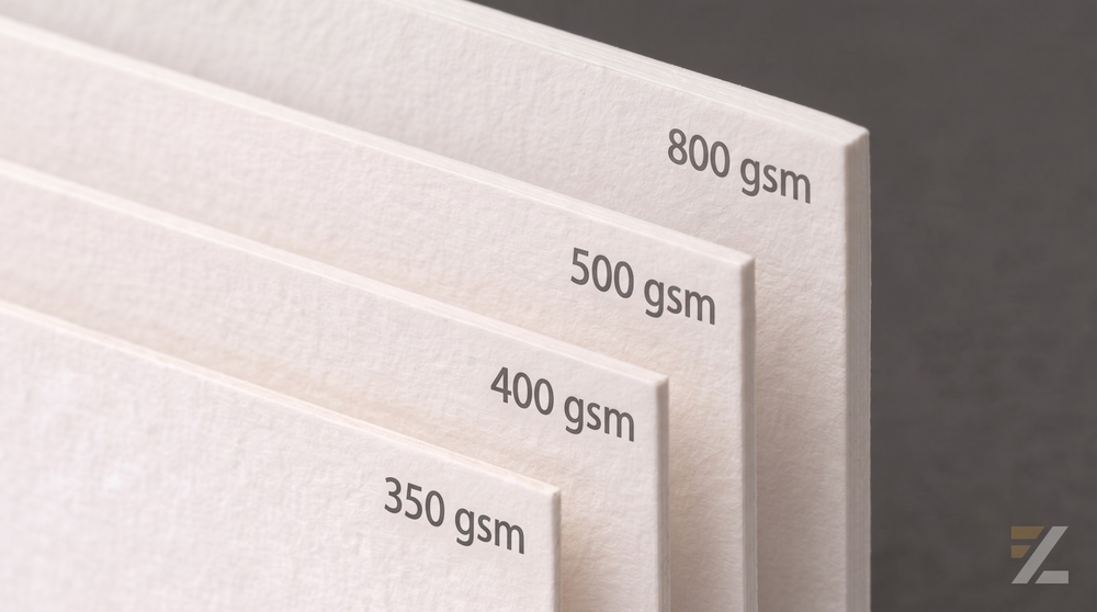 Macro profile shot showing the edge thickness of four stacked white paper stocks in ascending order: 350 gsm, 400 gsm, 500 gsm, and 800 gsm.